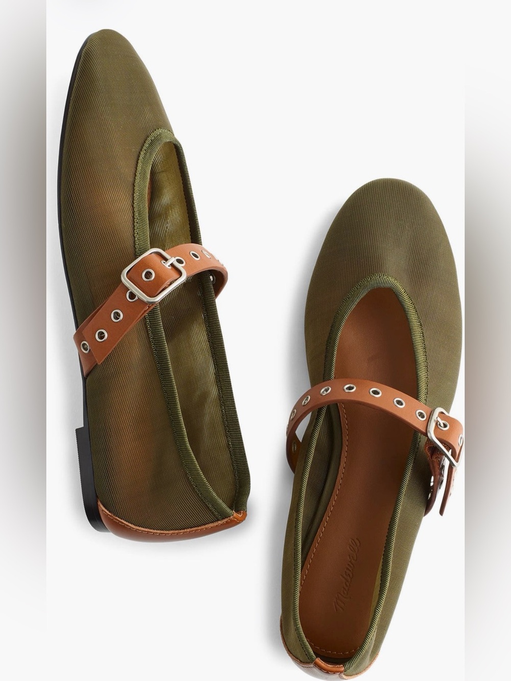 Madewell Olive Green Remy Mary Jane Flats with Tan Strap- NIB Safari Khaki